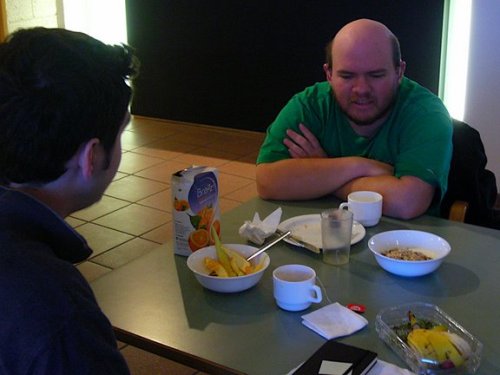 Tony with Ryan in the dining room of the hostel in Reykjavik