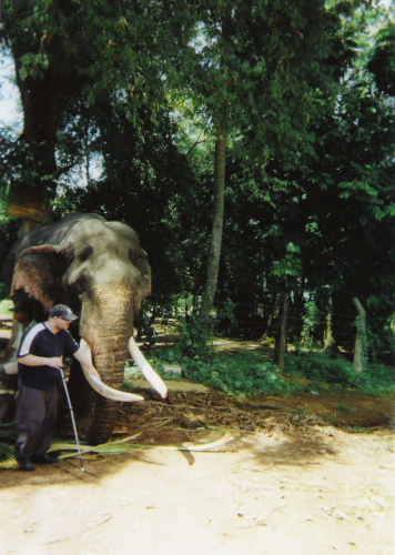 Tony and a blind elephant at Pinnawala Elephant Sanctuary