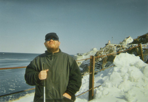 Tony in the snow and sun, Cape Spear